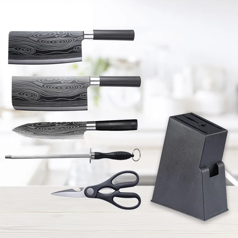 6Pcs Kitchen Knife Set Damascus Pattern Chop Bone Utility Meat Cleaver Steak Sharpener Scissors Tool Holder | Дом и сад