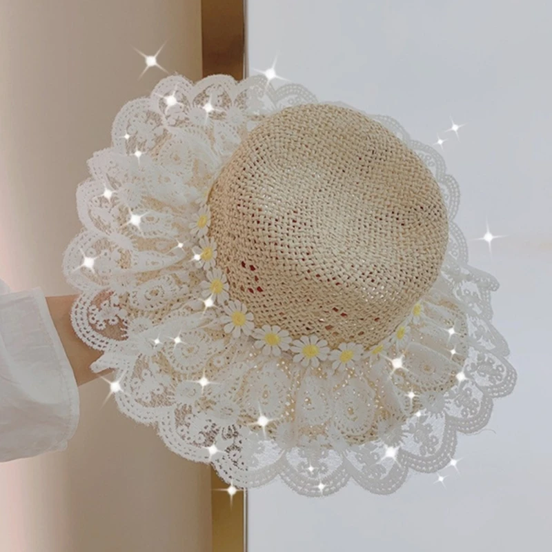 

Baby Princess Raffia Straw Hat Summer Breathable Holiday Beach Panama Caps Gorros Kid Child Girl Lace Flower Sun Hat