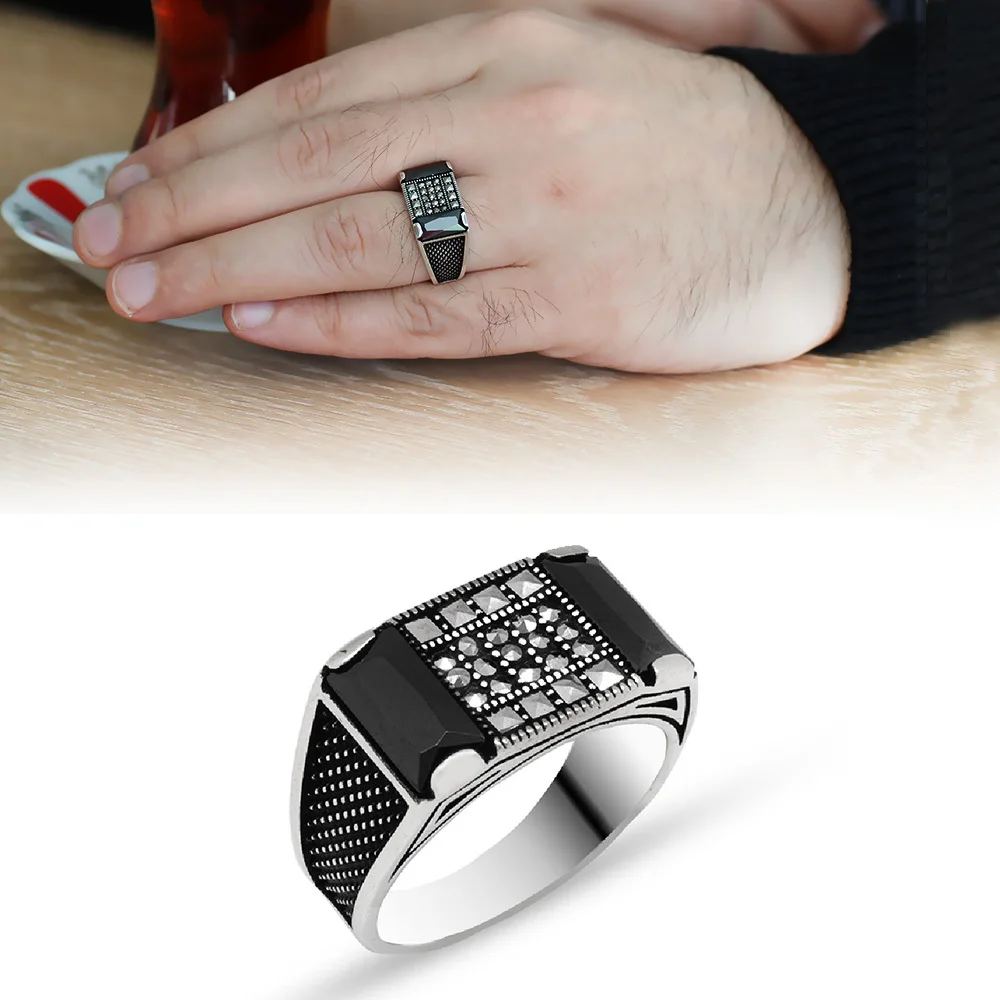 

Dot Embroidered Black Zircon Stone 925 Sterling Silver Men 'S Ring Handmade Turkish Made Excellent Quality