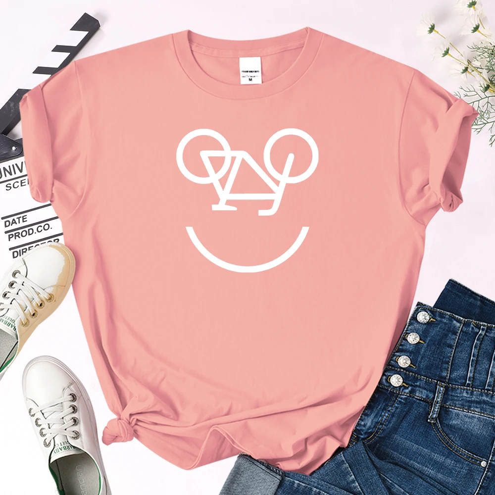 

Upside-Down Bicycle Cartoon Print Tees Women Oversize Loose Round Neck Tops Female Comfortable Breathable Skin-Friendly Slim Tee