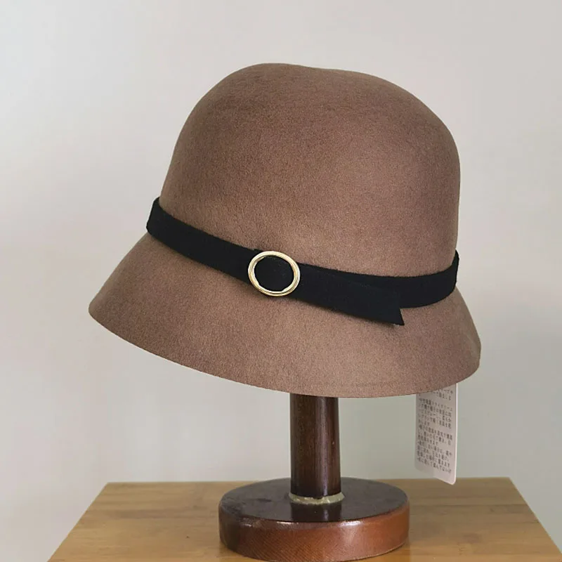Панама зимняя женская фетровая шляпа с декоративным ремнем шерстяная Федора в
