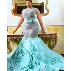 Женское вечернее платье-Русалка Aso Ebi, платье небесно-голубого цвета с оборками и высоким воротником, кружевное платье с кристаллами