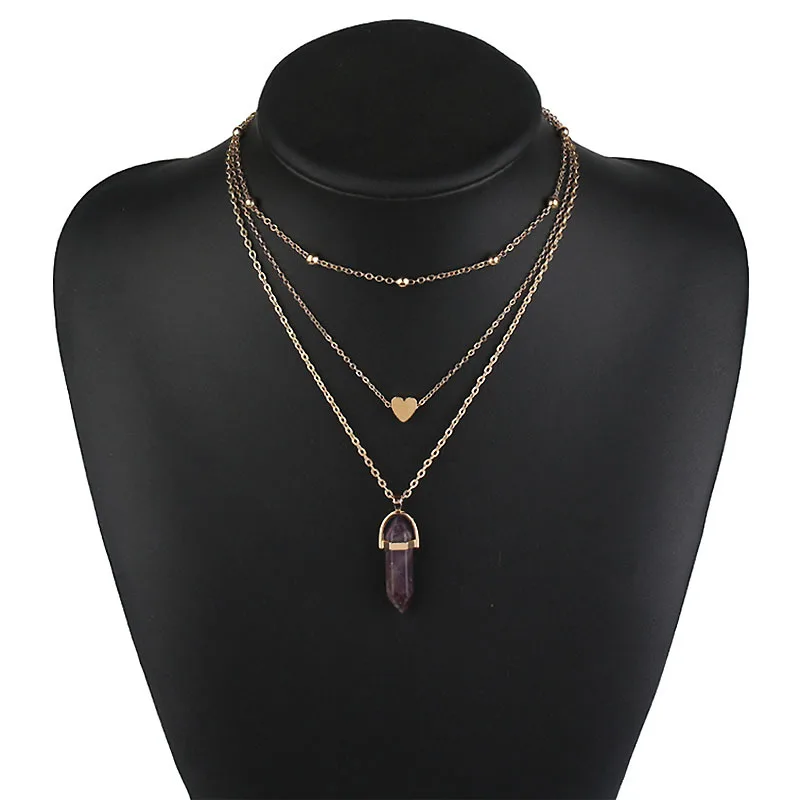 Purple Vintage Opal камень Чокеры Цепочки и ожерелья s модная разноцветная Слои хрустальное сердце кулон Цепочки и ожерелья массивные Богемские ювелирные изделия для Для женщин - Окраска металла: Purple