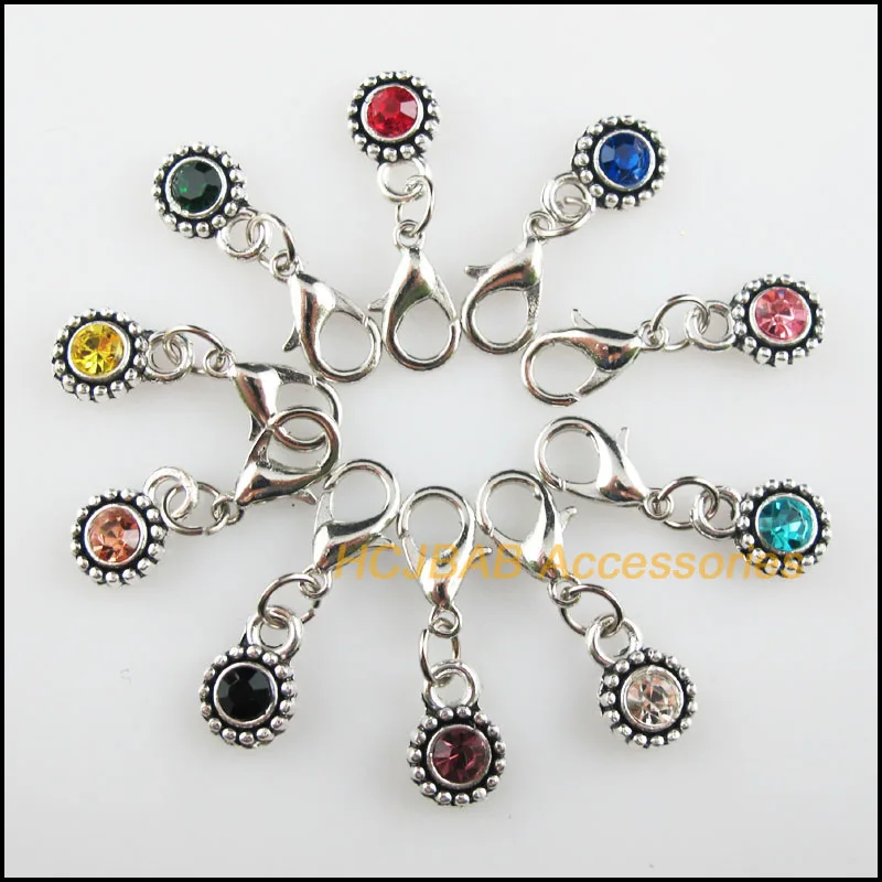 

20Pcs Tibetan Silver Tone Daisy Retro Mixed Round Crystal 8x11.5mm With Lobster Claw Clasps Charms