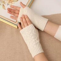 2021 autumnwinter new thickening 100 pure cashmere ladies gloves knitted twisted flowers exposing finger gloves
