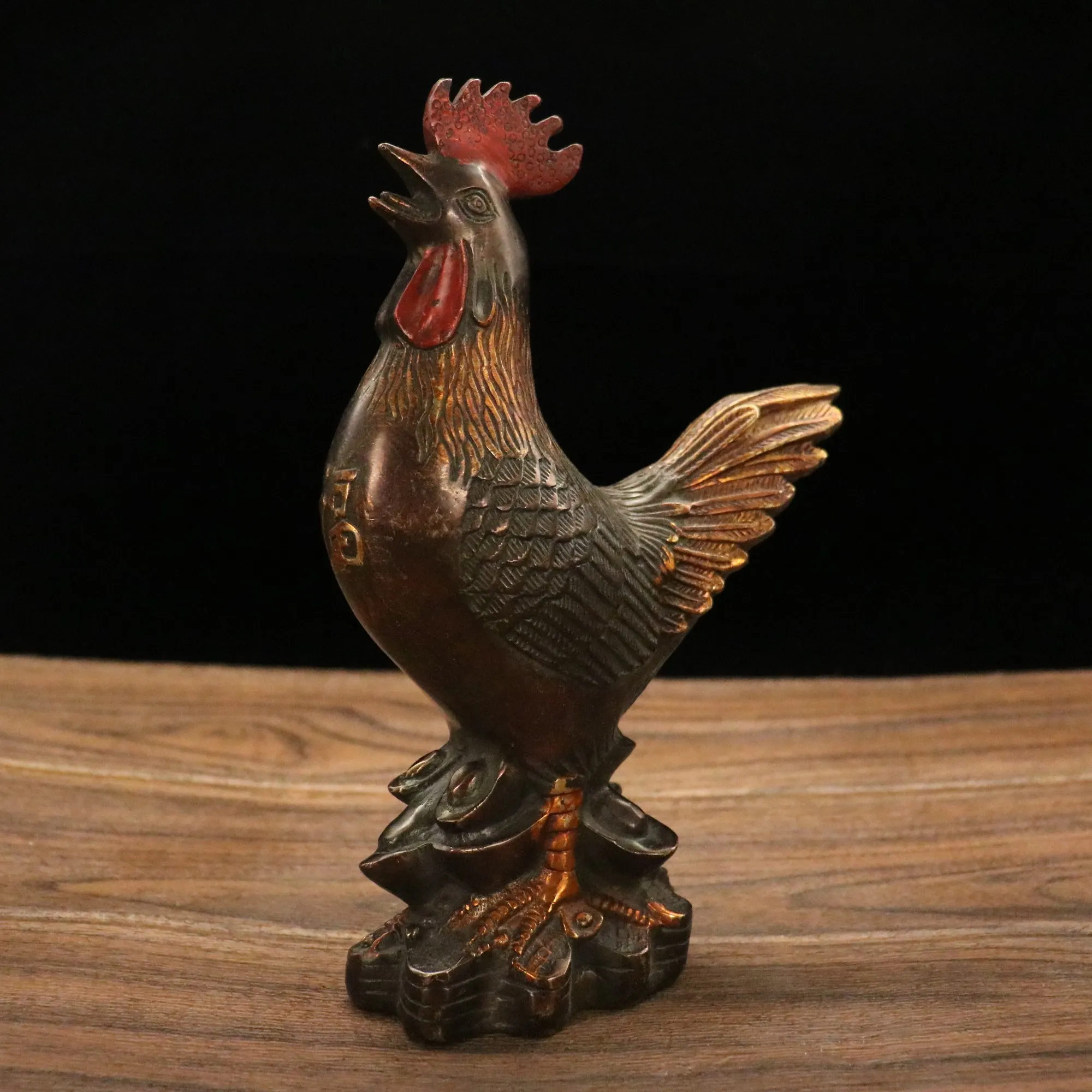 

9"Chinese Folk Collection Old Bronze Cinnabar Gilt Rooster statue Rooster welcomes spring Zodiac Chicken Feng Shui Office