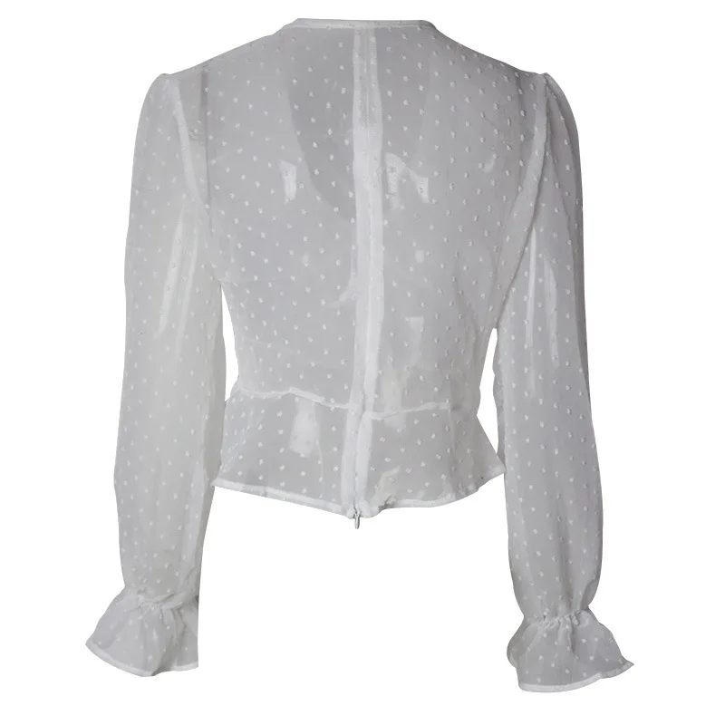 

Sexy V-neck Ruffle Polka Dot Cropped Tops 2020 Autumn Women's Fashion Chiffon Lantern Long Sleeve Blouses Elegant White Shirt