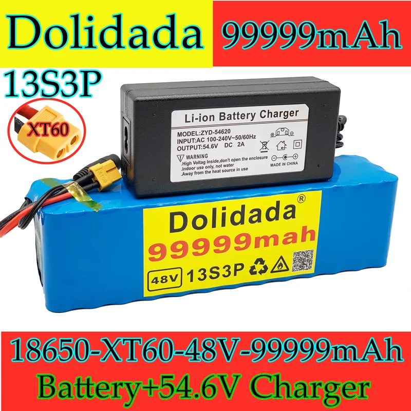 

2021 new 13s3p XT60 48V 99.999ah 1000W Li ion battery pack for 54.6V E-bike scooter with BMS + charger