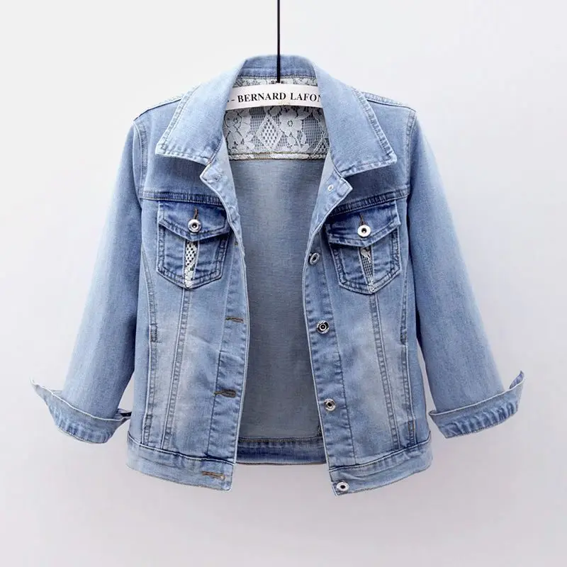 

Korean Vintage Blue Elasticity Slim Denim Jackets Coat Women Lace Spliced Outwear Three Quarter Sleeve Short Jeans Jacket Female
