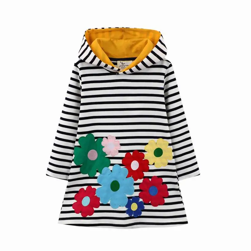 

Jumping Meters Autumn Winter Girls Dress Flowers Embroidery Hooded Long sleeve Dresses Stripe Children's Cotton Casual Toddler