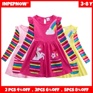 INPEPNOW Unicorn Children Princess Dress for Girls Dresses New Year 2022 Rainbow Cotton Kids Costume Clothes 2 To 8 Years LYQ001