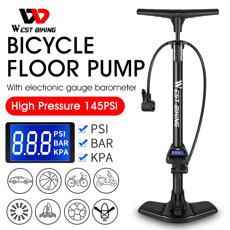

WEST BIKING Bicycle Floor Pump 145 Psi High Pressure With Electronic Gauge Barometer Presta Schrader MTB Road Bicycle Pump