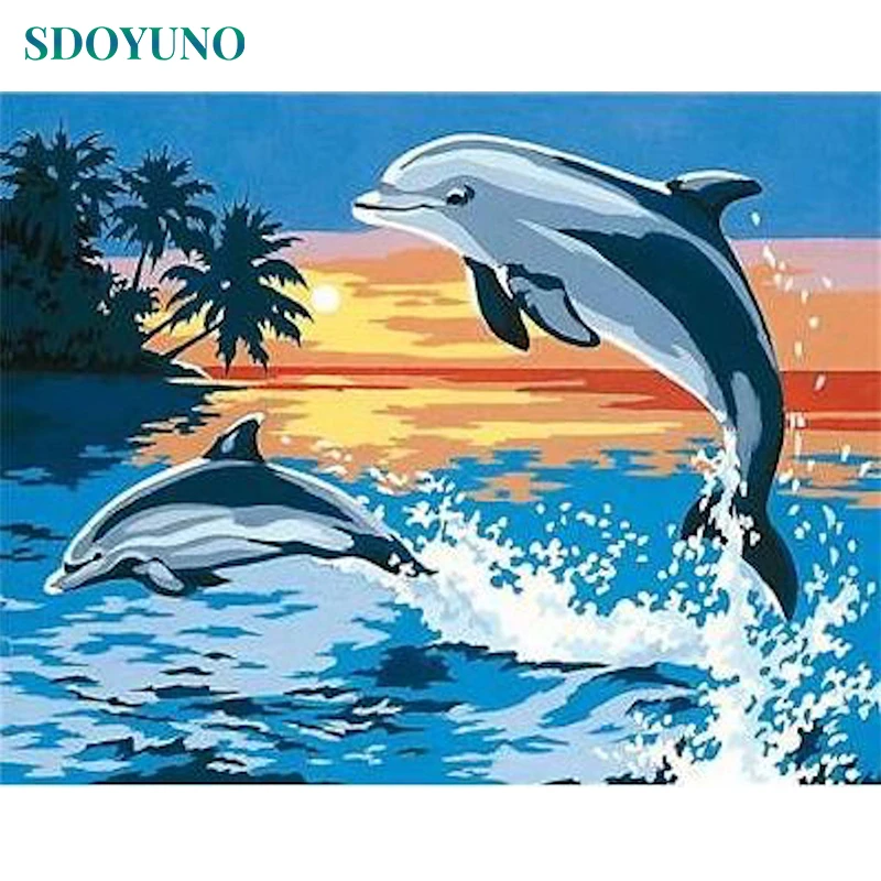 

SDOYUNO 60x75cm Animals Acrylic Paint By Numbers Kits On Canvas Dolphin DIY Frameless Oil Painting By Numbers Home Decor