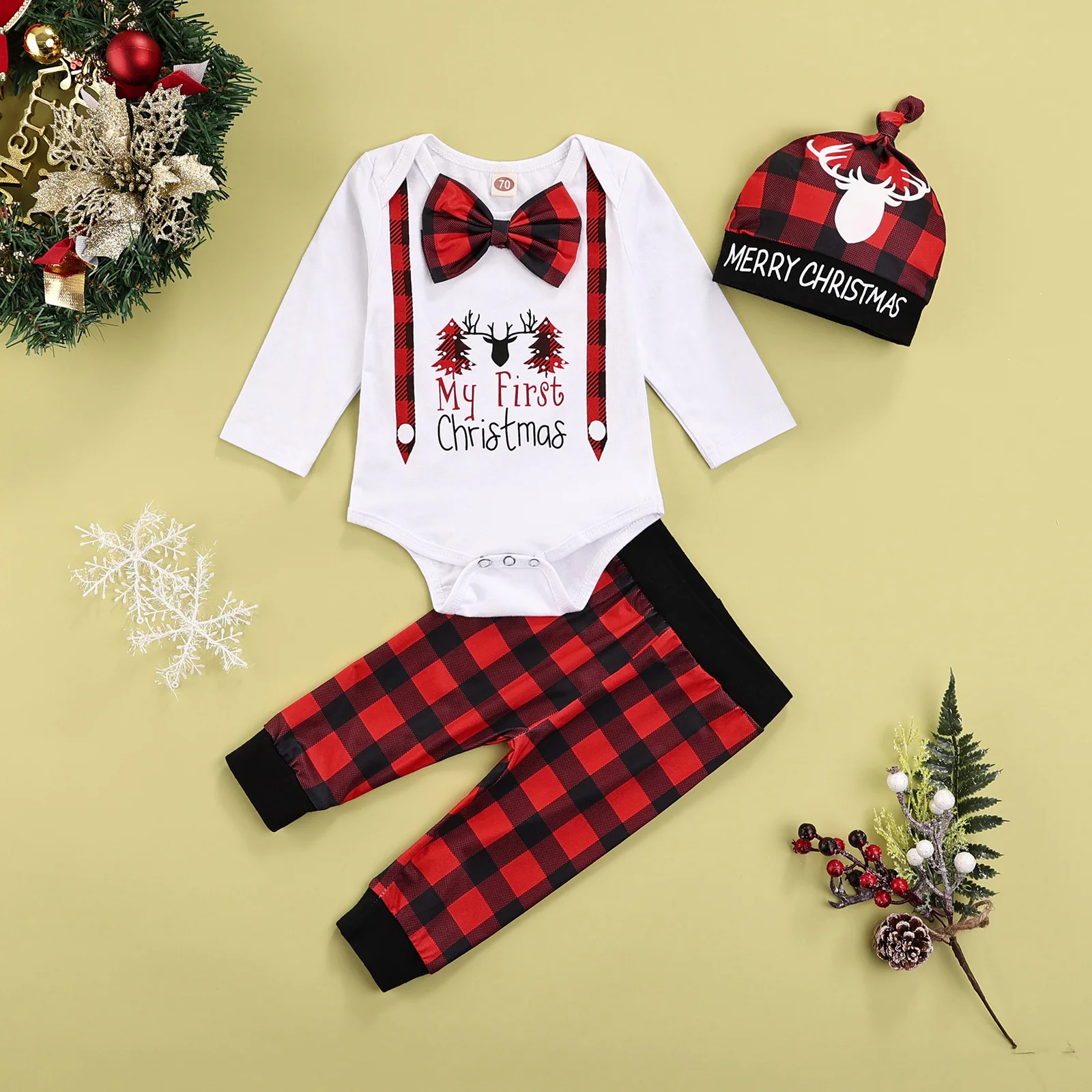 

Three Piece Baby Boy Christmas Sets Print Long Sleeve Romper and Plaid Trousers with Hat Baby Kids Spring Autumn Clothes
