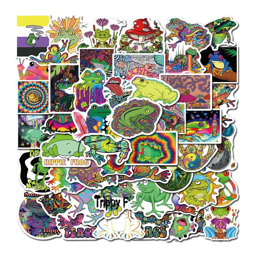 Pegatina de rana psicod&eacute;lica para ni&ntilde;os, juguete adhesivo con dibujos de animales, pegatinas para bricolaje, papeler&iacute;a, maleta para port&aacute;til, guitarra, 10/50 Uds.-0