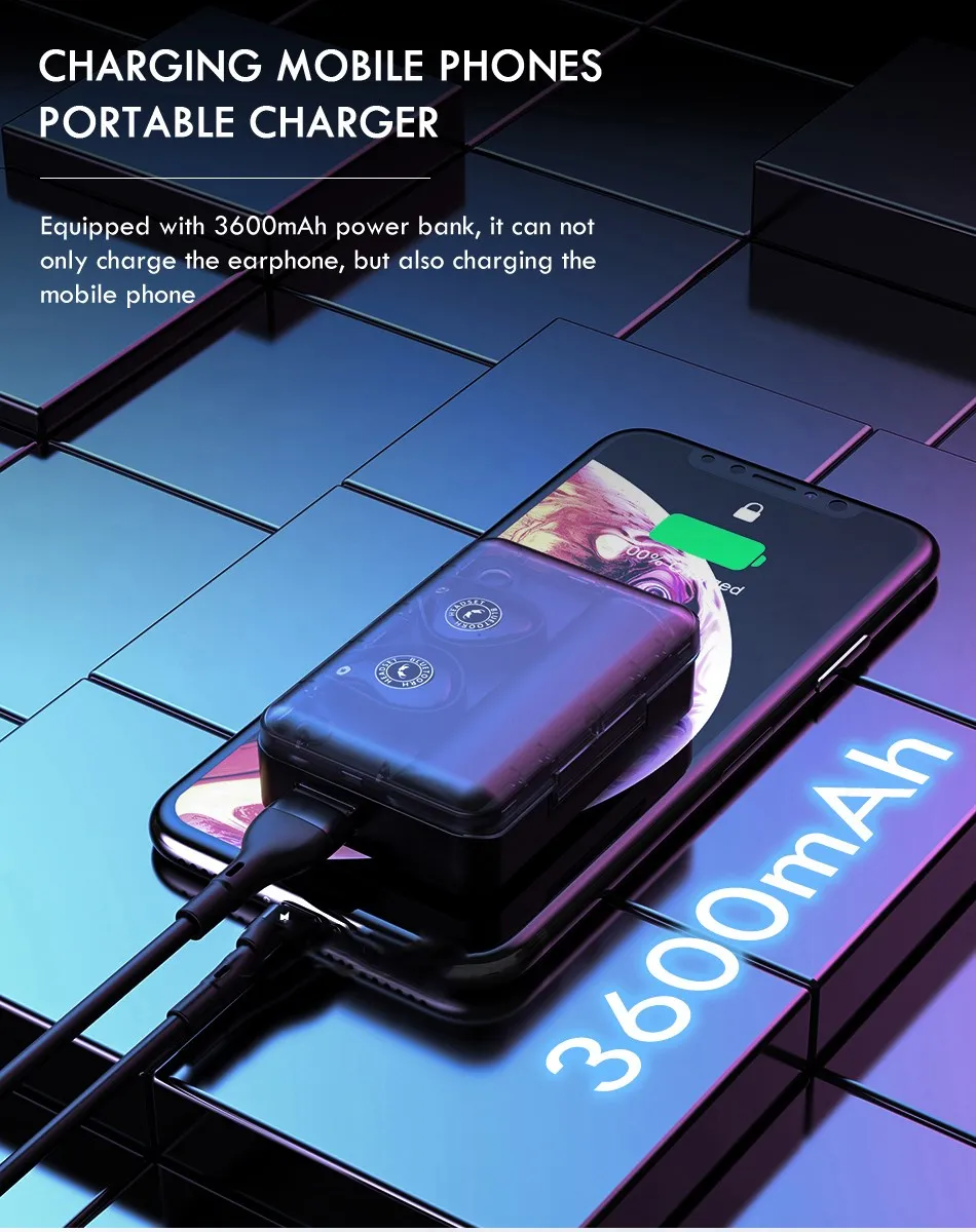 Беспроводной Bluetooth наушники с 3600 мАч зарядный чехол Водонепроницаемый сенсорный