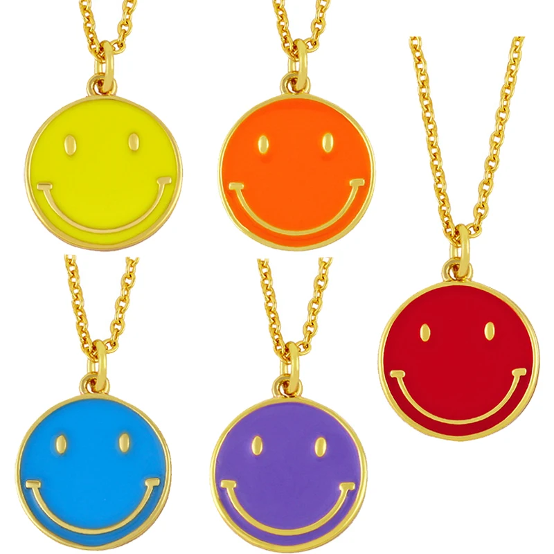 

Y2K Happy Smiley Disc Pendant Candy Color Dripping Oil Enamel Necklace Copper Metal Chain Unisex Trendy Friendship Jewelry Gifts