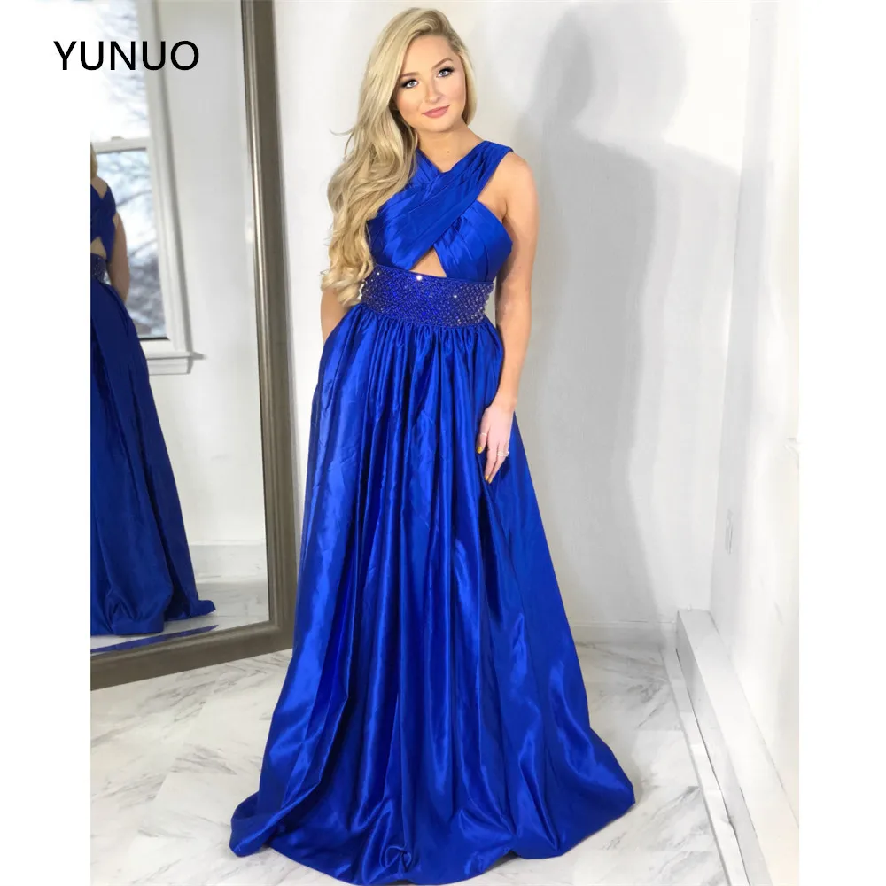 

YUNUO Chic A-Line Satin Prom Dresses Halter Neckline Crystals Formal Floor Length Vestidos Dress Party Gowns Evening Dress