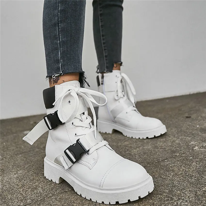 Женские высокие ботинки со шнуровкой в стиле панк из коровьей кожи на низком