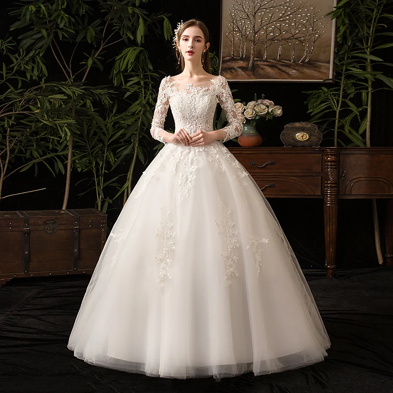 

Scoop Neck Lace Appliques Wedding Dress Long Sleeve Low Back Lace Up Wedding Gowns For Bride Vestidos De Novia 2020 Bridal Gown