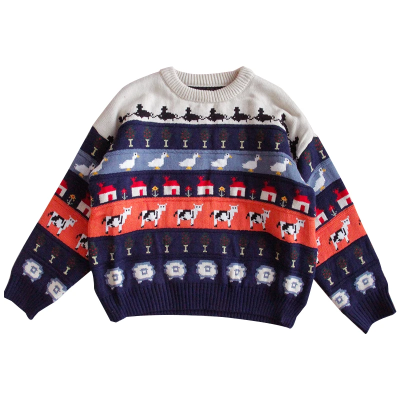 2020 Winter Sweater Thicken pullover Loose Oversize Cute Cartoon Print Vintage Soft Long Sleeve Knitted | Женская одежда