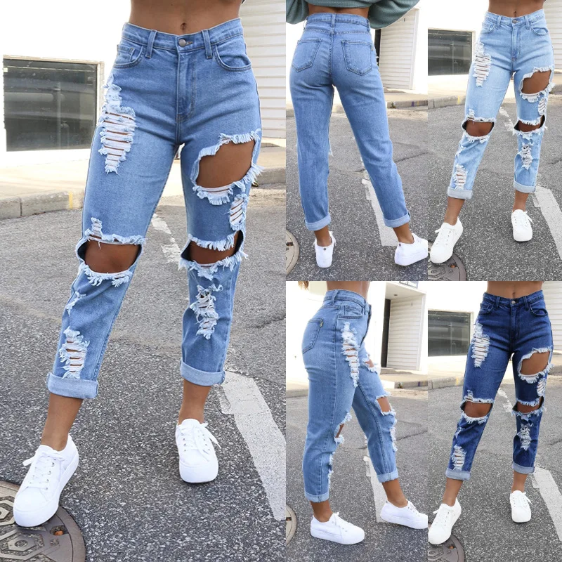 

Women Pencil Jeans Denim Pants New Fashion Multi-Hole Jeans Bleached High Waist Women's Pocket Trousers Button Fashion Casual