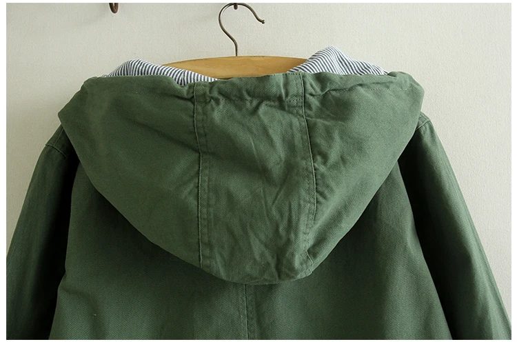 Anchor boats embroidery hooded zipper jacket female casual coat army green khaki