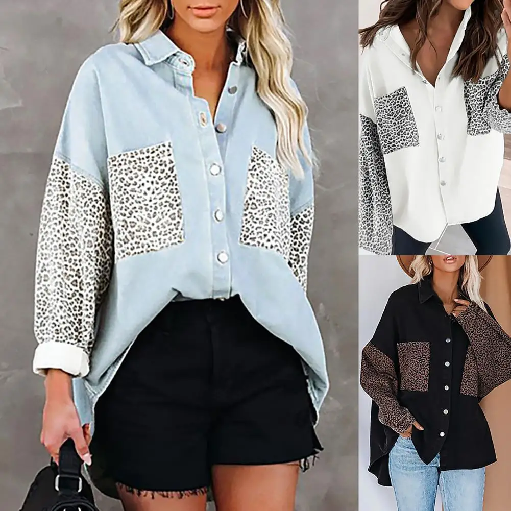 

Women Coat Turn-down Collar Single-breasted Leopard Cardigan Loose Chic Long Sleeve Female Top for Autumn Winter Office Lady