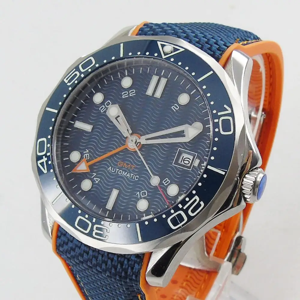 

BLIGER Fashional 41mm Mechanical Men Watch Blue Dial GMT Date Rubber Band Solid Case Screw Crown Sapphire Glass