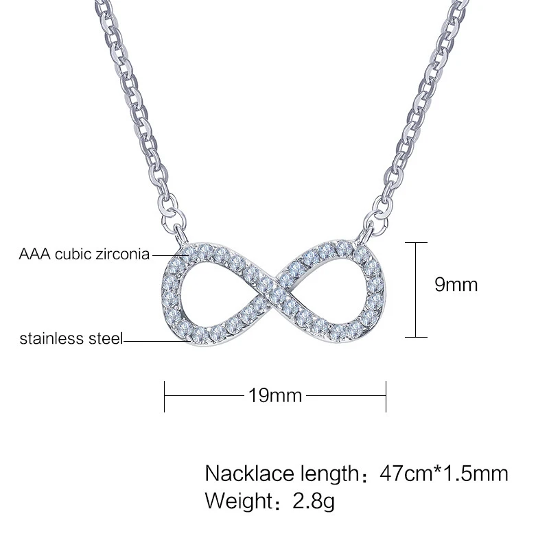 Чистый титан Блестящий AAA CZ Бесконечность Кулон серебряный цвет Lucky 8 ожерелье для