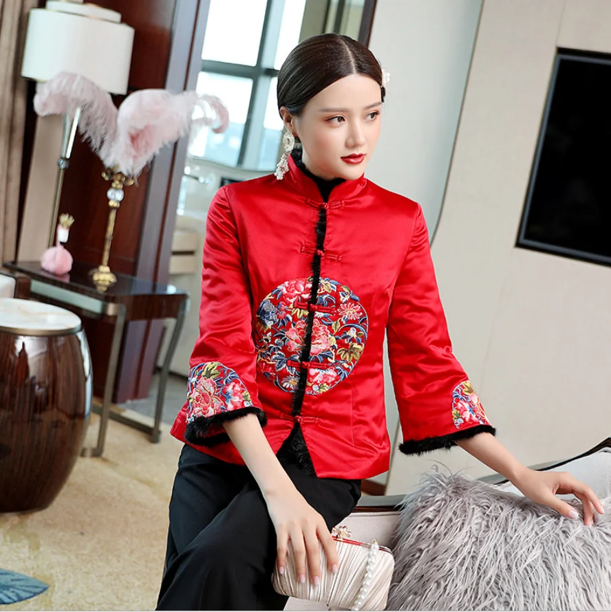 

Chinese Style Blue And White Porcelain Plate Flower Embroidery Middle-Aged And Elderly Cotton-Padded Clothes For Mothers Spring