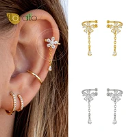 925 sterling silver needle flowers shape chain clip earrings cz crystal ear cuff french romantic non pierced jewelry