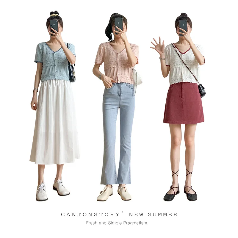 

V-Neck Hollow Out Knit T Shirt Harajuku Casual Fashion Women Cardigans Crochet Top Lace Blouse Short Sleev Crochet Ruffle Cloth