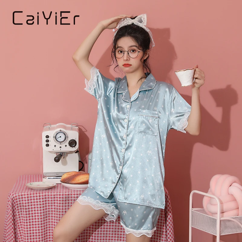 CAIYIER Summer Women Pajamas Suit Sexy New Lace Short Sleeve Sleepwear Ice Silk Satin Print Nightwear Shorts Girl Homewear M-5XL