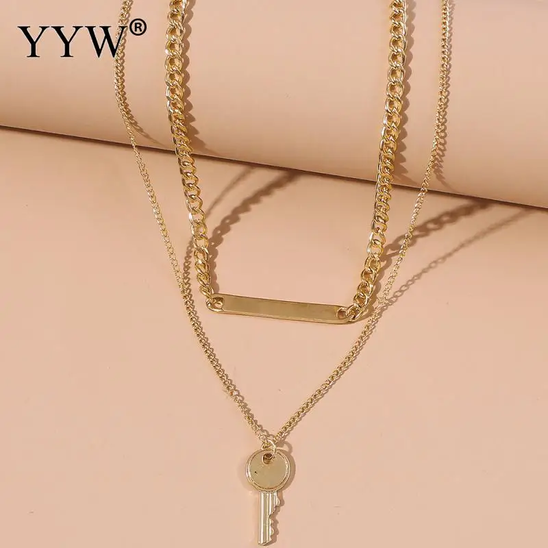 

Alloy Double Layer Necklace Fashion Personality Accessories Geometric Key Pendant Necklace Vintage All-Match Necklace For Female