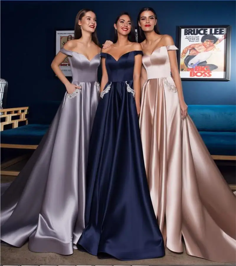 

Long Evening Dresses with Pockets Off The Shoulder Satin Prom Dress Beaded A Line Vestidos De Novia Celebrity
