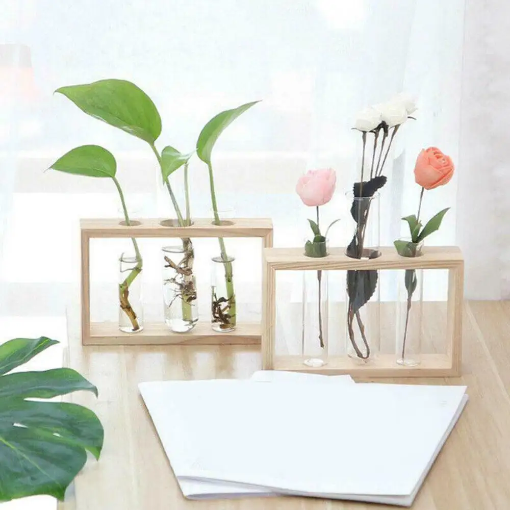 Прозрачная стеклянная тестовая ваза Террариум деревянная подставка Цветочные