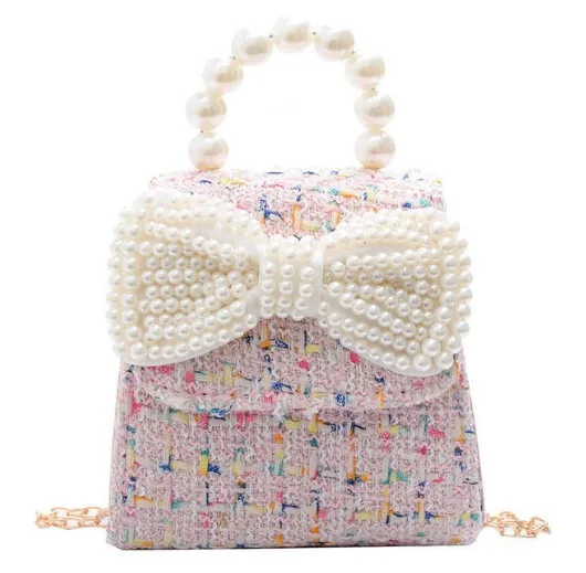 

Canvas Children Shoulder Bags Kids Messenger Bags Fashion Pearl Cute Pink Bags for Girls Bowknot Handbags Cute Infant Coin Purse