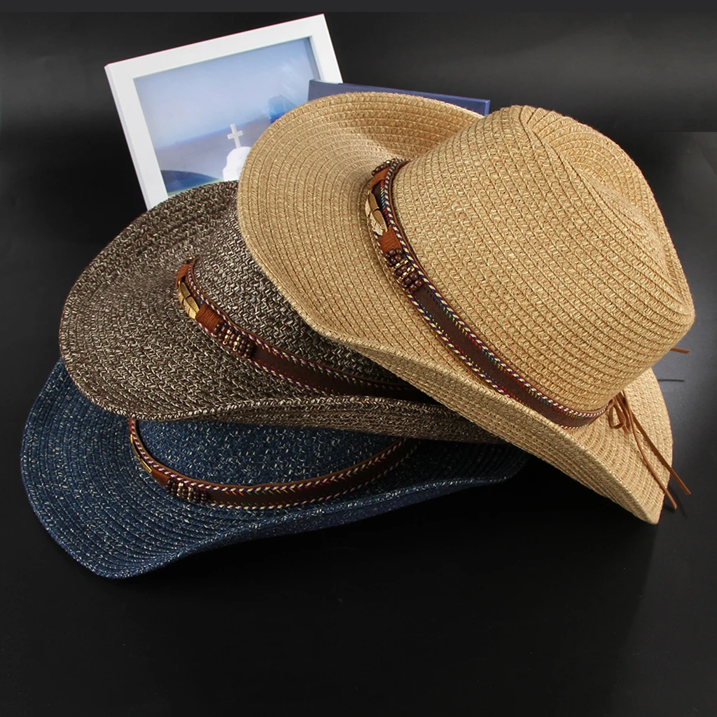 

Prettyia Unisex Western Straw Cowboy Cowgirl Hat Wide Brim