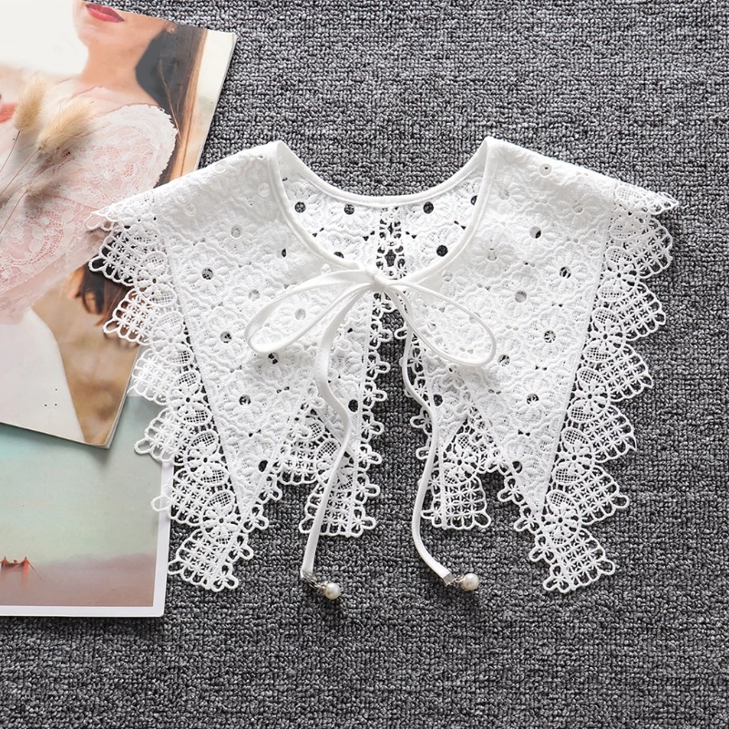 

Multifunctional False Fake Collar Shawl Wrap Pastoral Style Hollow Out Floral Lace Necklace Bowknot Pointed Lapel Blouse