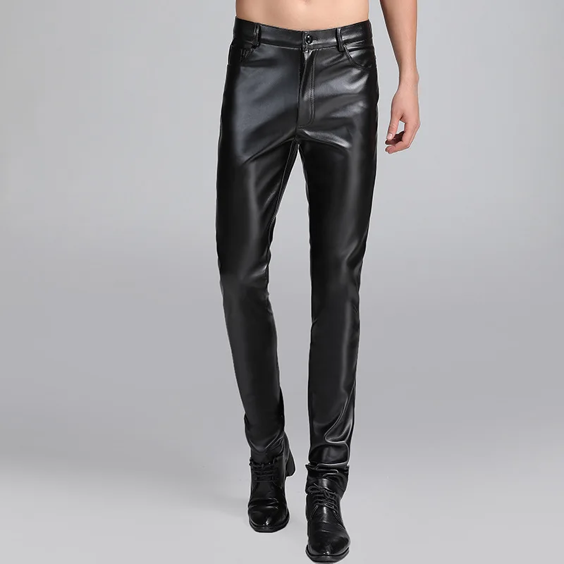 

Мужские узкие кожаные брюки, Молодежные облегающие мотоциклетные плотные брюки из искусственной кожи с завязками на щиколотке, 2021