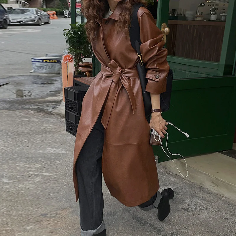 

Korean Chic Autumn Temperament Lapel Single Breasted Loose and Versatile Long Sleeve Medium and Long Pu Leather Windbreaker Coat