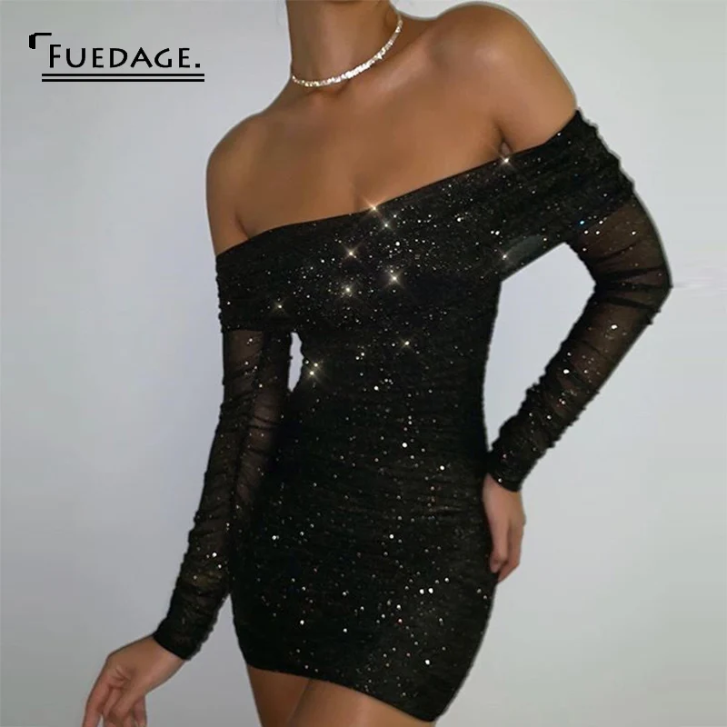 Fuedage весеннее клубвечерние вечернее платье со стразами женские сетчатые