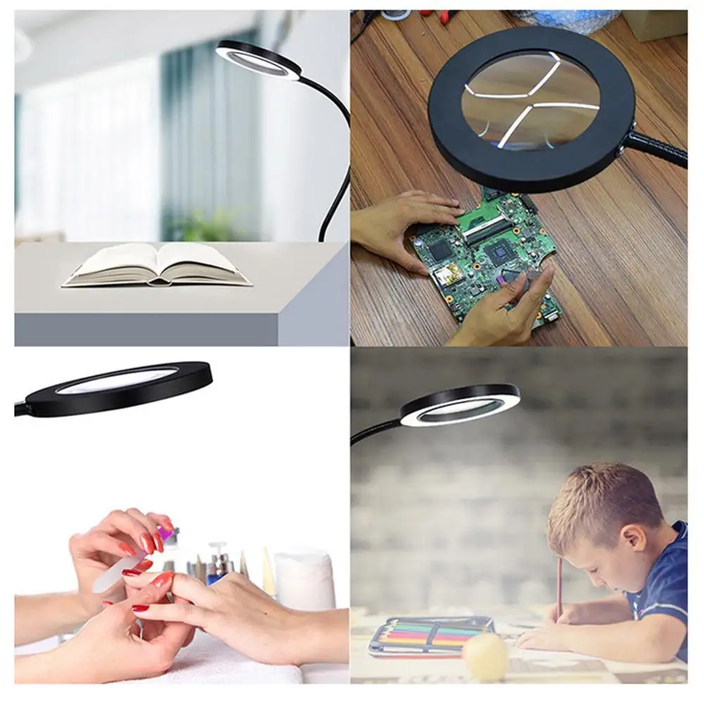 

USB LED 3 Colors Table Lamp Dimming Desk Reading Light Light Large Glass Magnifying Magnifier Beauty With Nail 5X G5W7