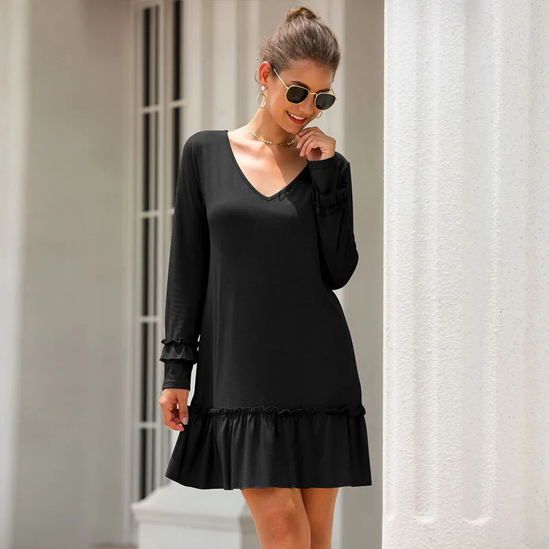 

2021 autumn new hot sale V-neck ruffle stitching dress