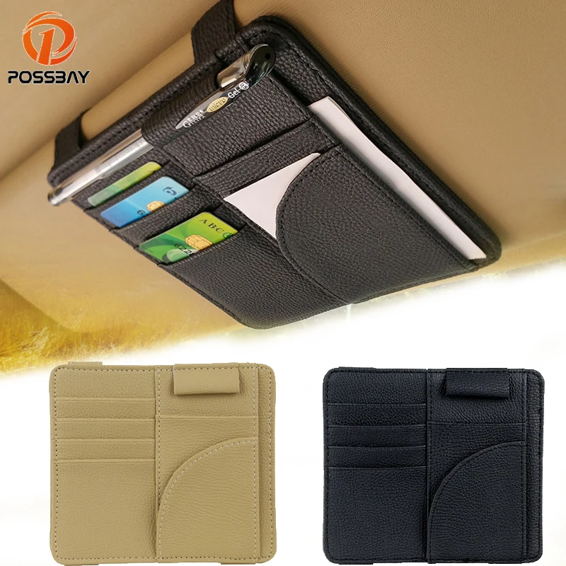

POSSBAY Multifunctional PU leather Car Sun Visor Glasses Clip Card Holder Storage Bag Glasses Storage Pen Key Organizer