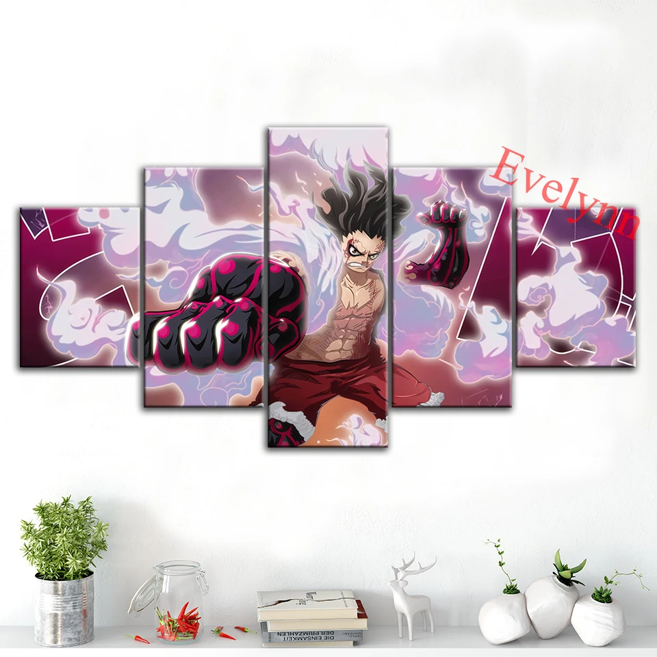 

5 Pieces Anime Poster One piece Monkey D. Luffy Modern Canvas Wall Art Print Modular Pictures Living Room Decor Painting Frame