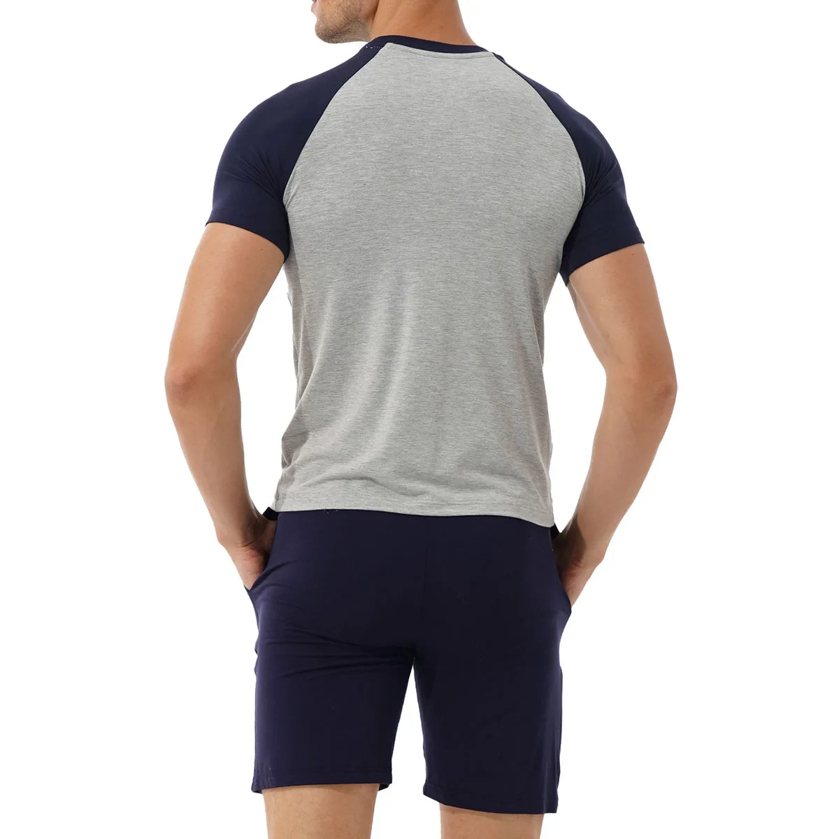 Men's Cotton Pajama Set 2 Pcs Summer Crewneck Short Sleeve Raglan Pjs Sleepwear