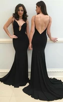 sexy long deep v neck black evening dresses satin sweep train floor length open back formal party dress for women
