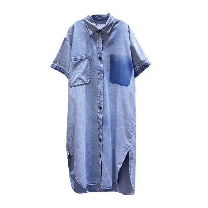 

IEQJ Summer New Style Korean Casual Lapel Color Matching Denim Short Sleeve Loose Cozy Mid-length Shirt Women 2021 3F0597